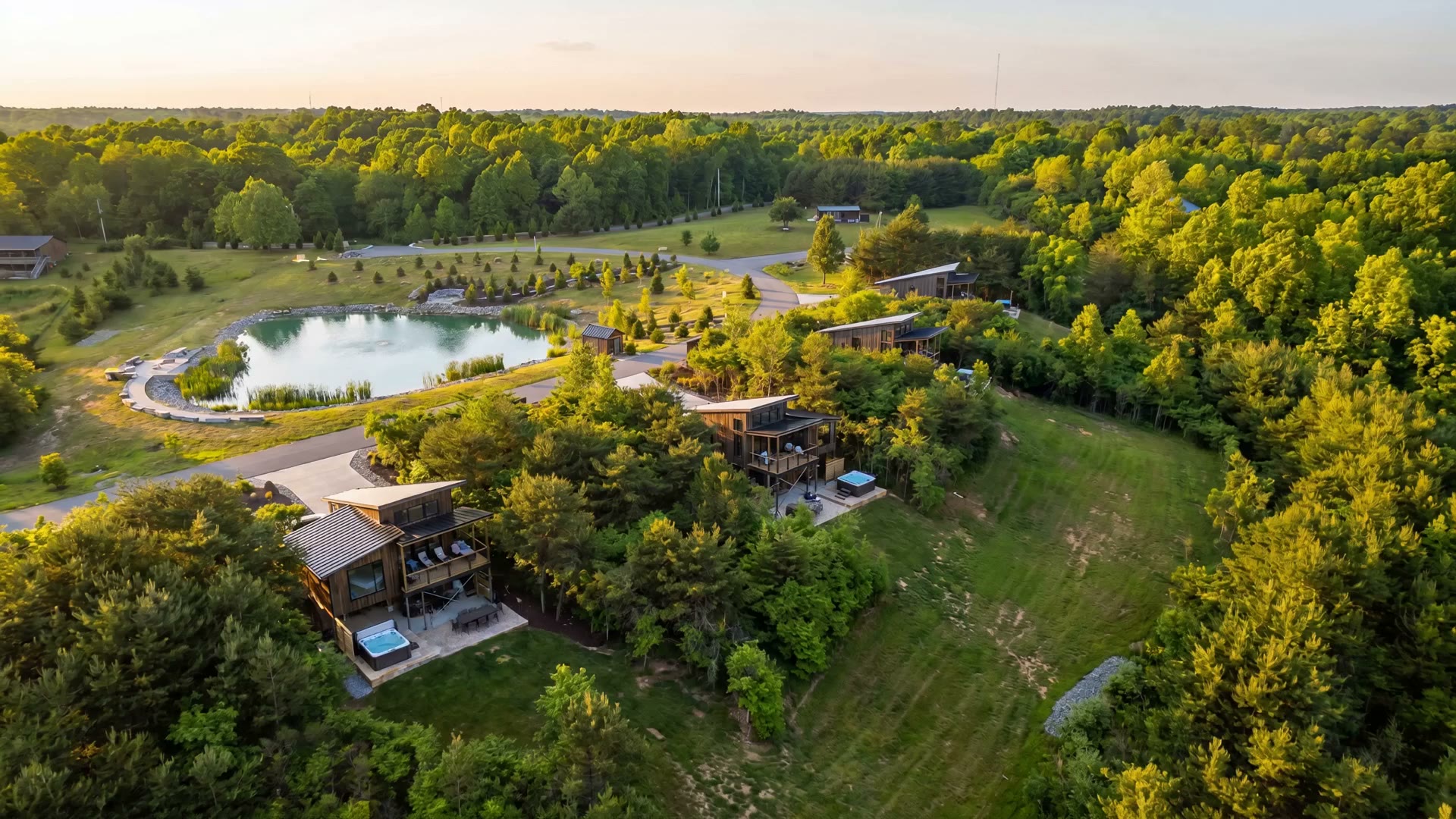 Aerial view of the Zenwood cabin community among the pines, Hocking Hills